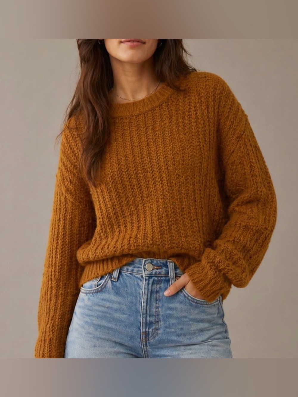 American Eagle AE Mustard Rust Tan Thick Knit Oversized Crewneck Sweatshirt L